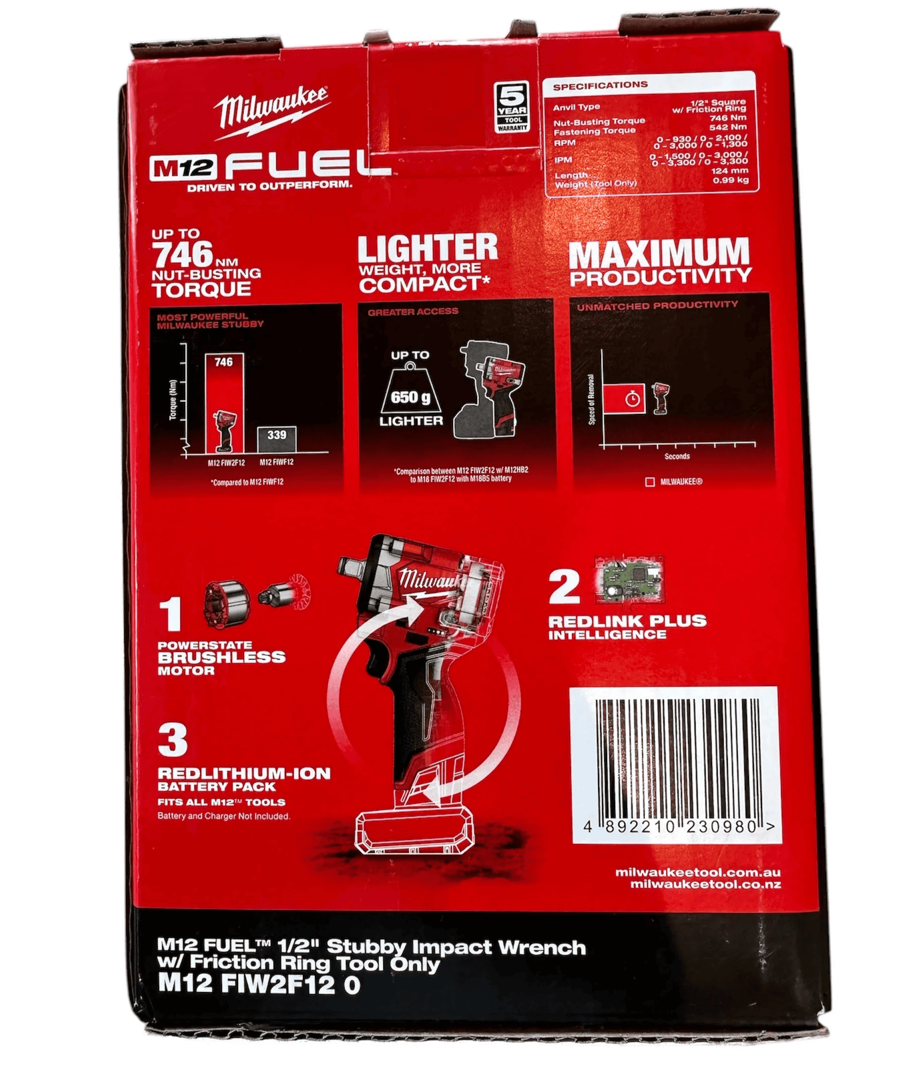 Milwaukee 1/2" Stubby Impact Wrench Friction Ring 12V M12FIW2F120 Skin