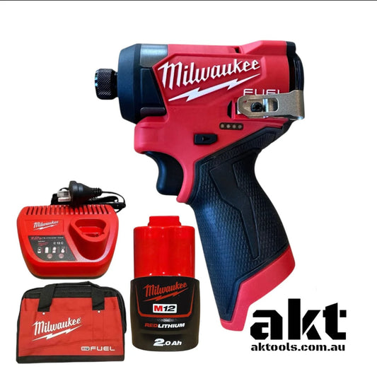 Milwaukee M12 Impact Driver Kit, with 2.0Ah Battery, Charger, Bag - M12FID2 AK TOOLS