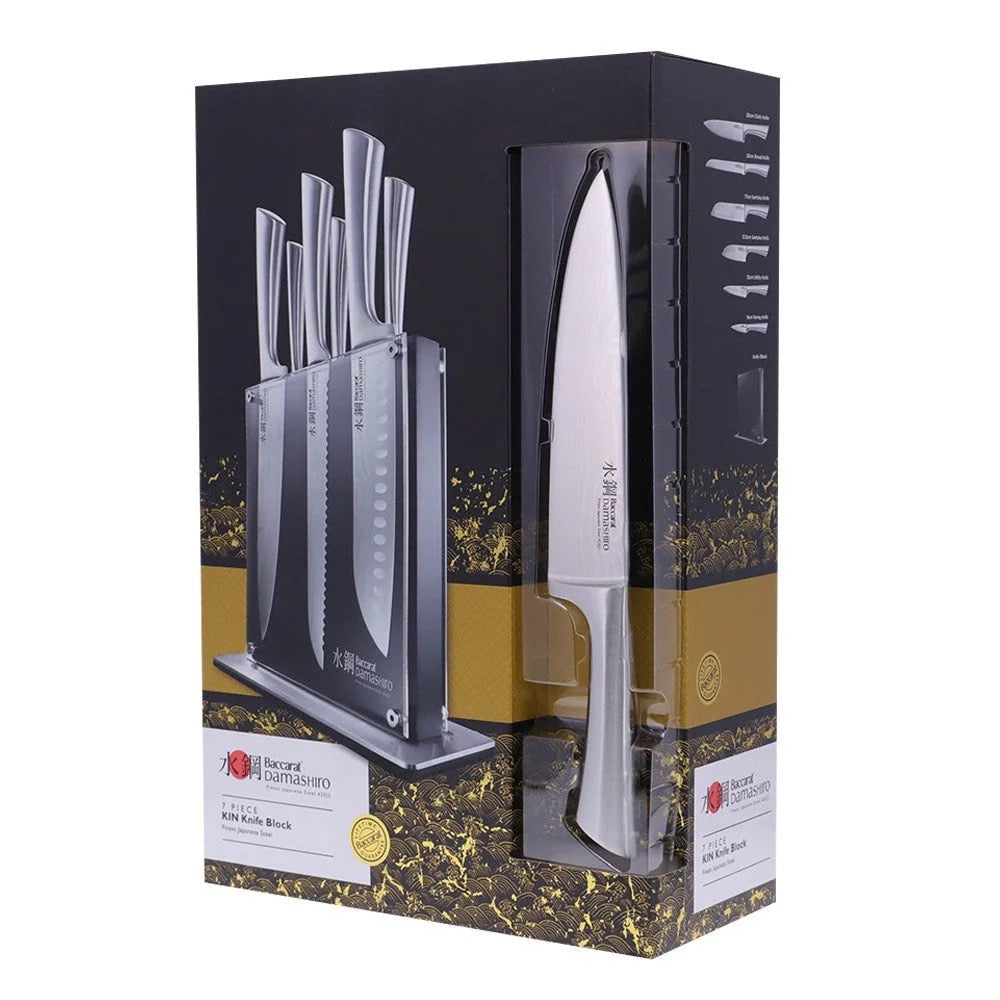 Baccarat Damashiro Kin 7 Piece Knife Block Set Japanese Steel Santoku