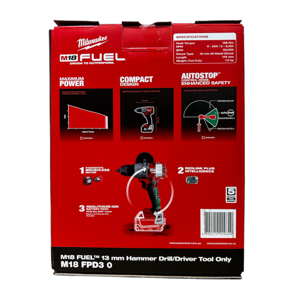 Retail Box  Milwaukee M18FPD3-0 M18 Cordless Drill Hammer Driver back