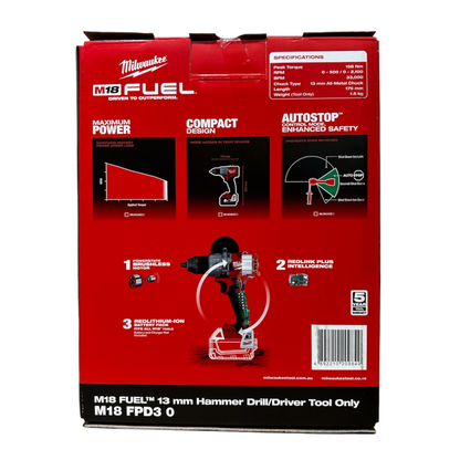 Retail Box  Milwaukee M18FPD3-0 M18 Cordless Drill Hammer Driver back