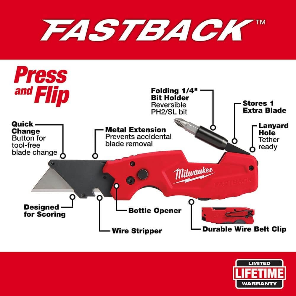 Milwaukee Fastback 6IN1 Folding Utility Knife Wire Belt Clip 48-22-1505 5
