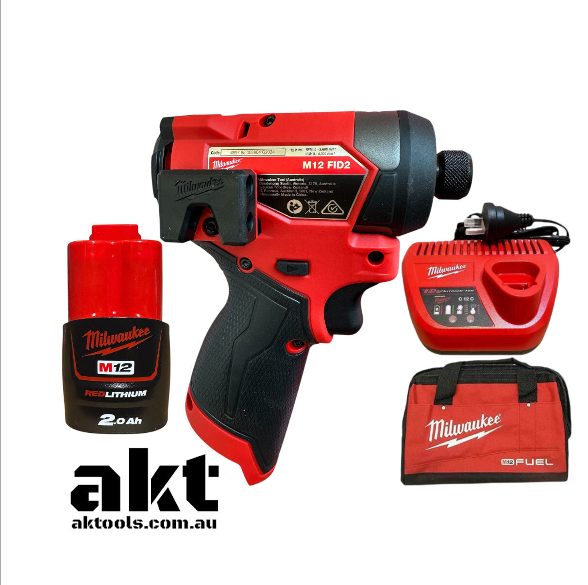 Milwaukee M12 Impact Driver Kit, with 2.0Ah Battery, Charger, Bag - M12FID2 AK TOOLS
